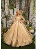 Gold Sparkle Tulle Flower Girl Dress With Beaded Belt